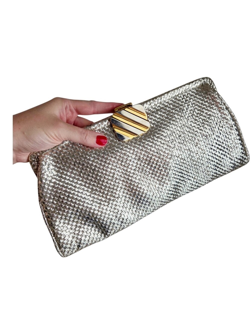Vintage 80s metallic silver woven clutch evening bag clasp handbag purse